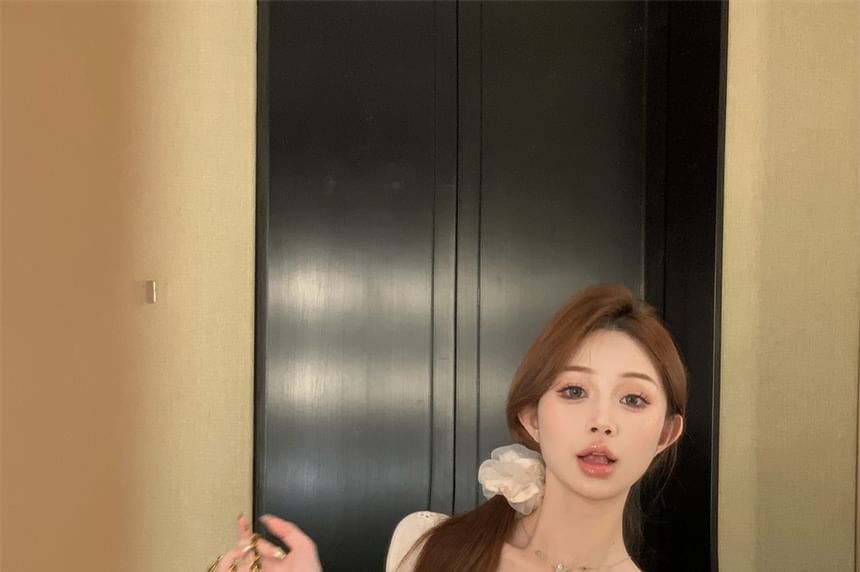 Short-Sleeve Square-Neck Floral Trim Mini A-Line Dress