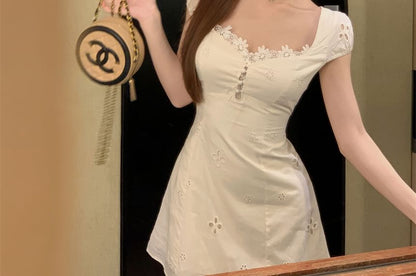 Short-Sleeve Square-Neck Floral Trim Mini A-Line Dress