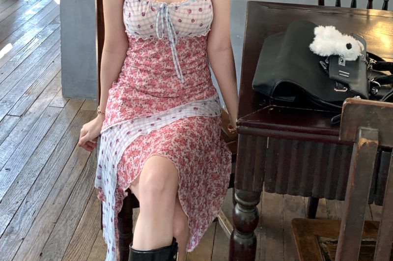 Spaghetti Strap Floral Print Panel Asymmetrical Mini Bodycon Dress