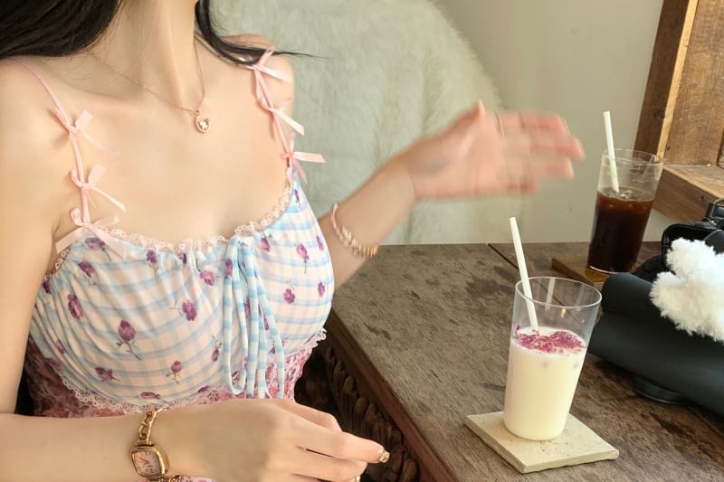 Spaghetti Strap Floral Print Panel Asymmetrical Mini Bodycon Dress