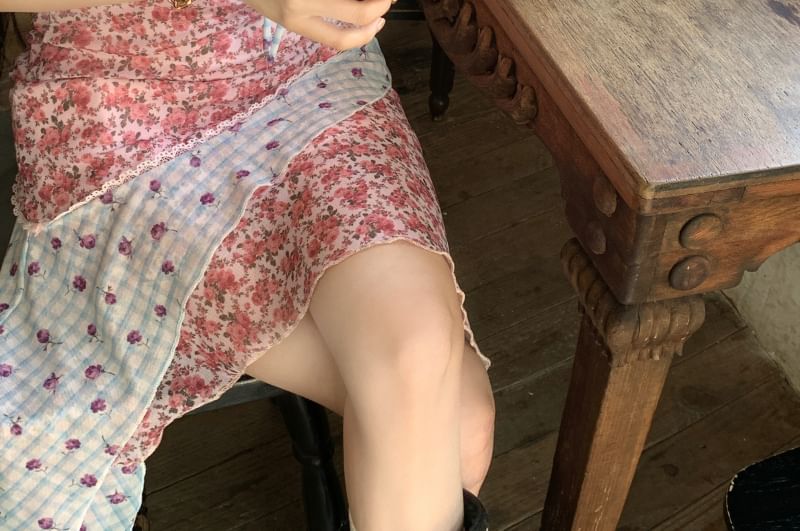 Spaghetti Strap Floral Print Panel Asymmetrical Mini Bodycon Dress