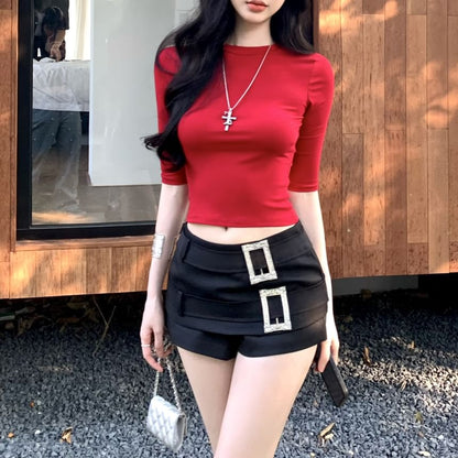 Short-Sleeve Crew Neck Plain Crop Tee / Low Rise Rhinestone Buckled Shorts