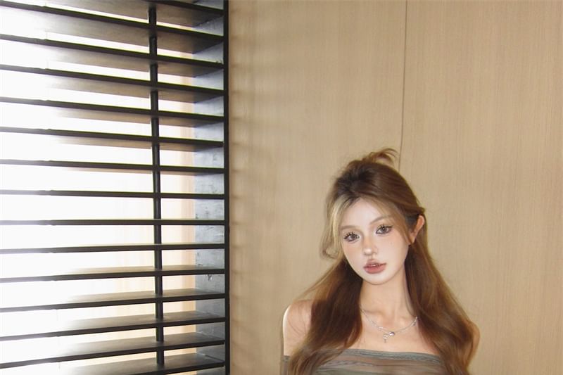 Set: Off-Shoulder Long-Sleeve Camo Print Crop Mesh Top + Tube Top