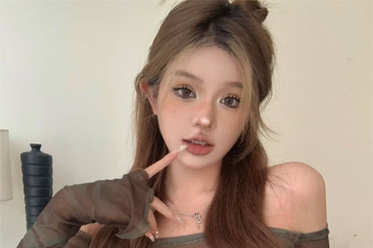 Set: Off-Shoulder Long-Sleeve Camo Print Crop Mesh Top + Tube Top