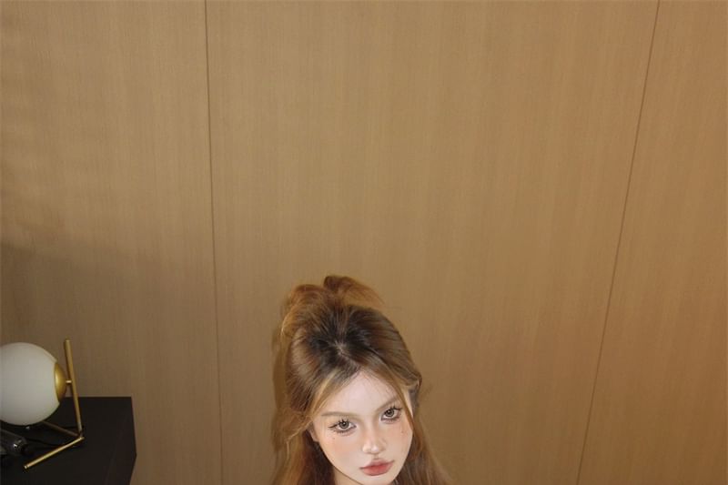 Set: Off-Shoulder Long-Sleeve Camo Print Crop Mesh Top + Tube Top