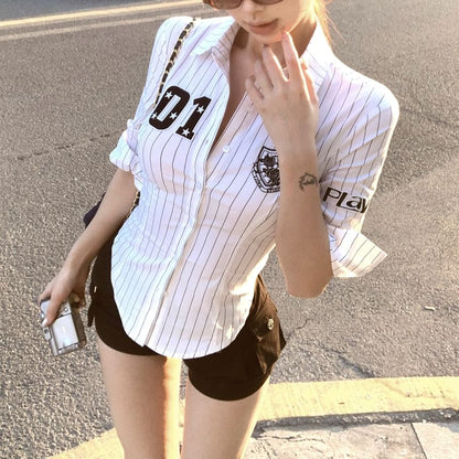 Elbow-Sleeve Numbering Striped Button-Up Shirt