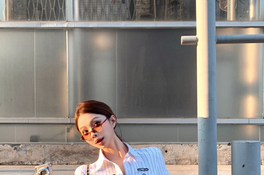 Elbow-Sleeve Numbering Striped Button-Up Shirt