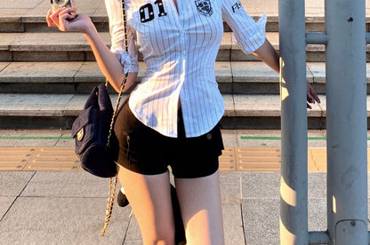 Elbow-Sleeve Numbering Striped Button-Up Shirt