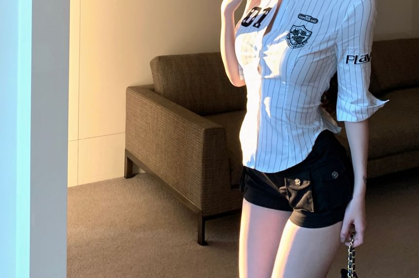 Elbow-Sleeve Numbering Striped Button-Up Shirt