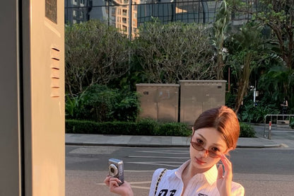 Elbow-Sleeve Numbering Striped Button-Up Shirt