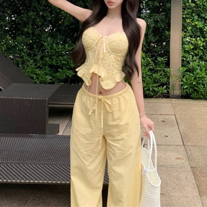 Plain Shirred Ruffled Crop Camisole Top / Mid Waist Wide Leg Pants