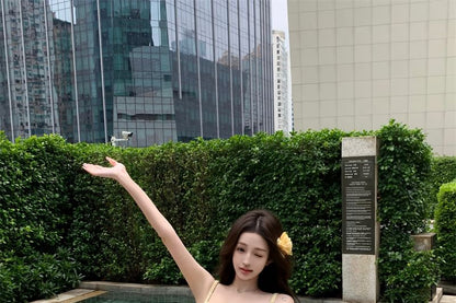 Plain Shirred Ruffled Crop Camisole Top / Mid Waist Wide Leg Pants