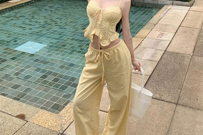 Plain Shirred Ruffled Crop Camisole Top / Mid Waist Wide Leg Pants