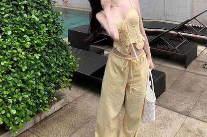 Plain Shirred Ruffled Crop Camisole Top / Mid Waist Wide Leg Pants