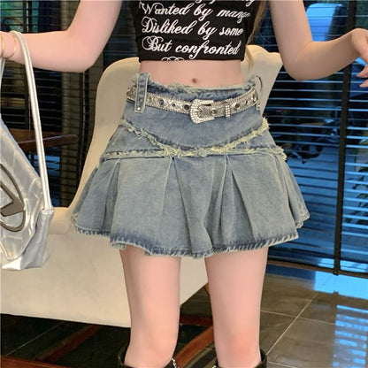 Mid Rise Washed Tassel Trim Mini A-Line Denim Skirt