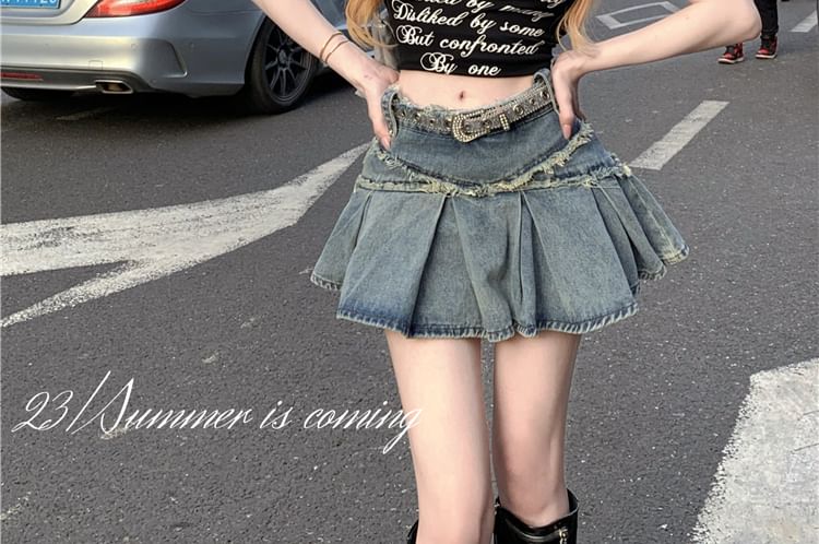 Mid Rise Washed Tassel Trim Mini A-Line Denim Skirt