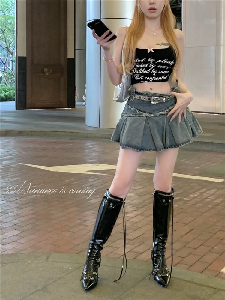 Mid Rise Washed Tassel Trim Mini A-Line Denim Skirt