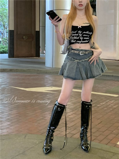 Mid Rise Washed Tassel Trim Mini A-Line Denim Skirt