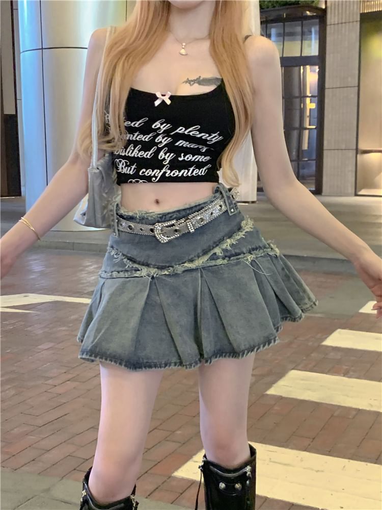 Mid Rise Washed Tassel Trim Mini A-Line Denim Skirt