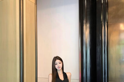 Halter-Neck Plain Button-Up Crop Top / Mid Waist Midi A-Line Lace Skirt