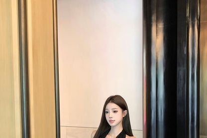 Halter-Neck Plain Button-Up Crop Top / Mid Waist Midi A-Line Lace Skirt