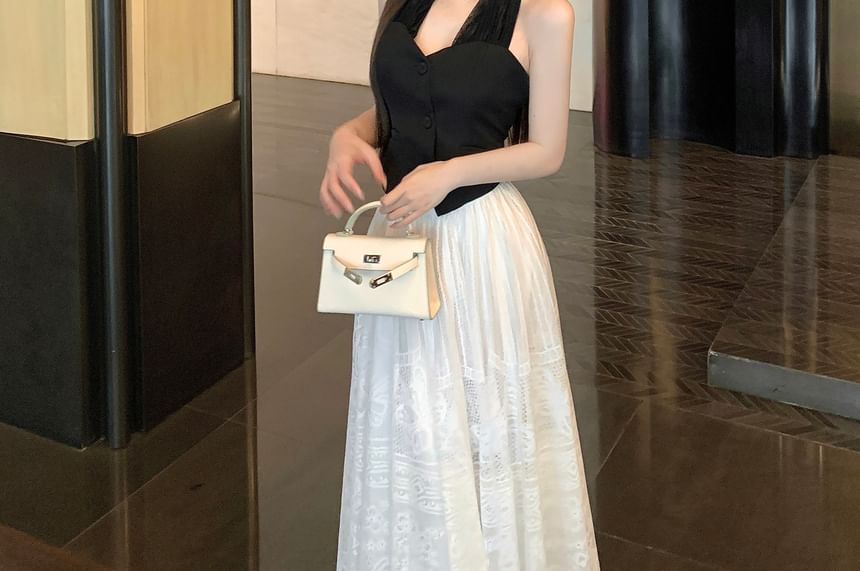 Halter-Neck Plain Button-Up Crop Top / Mid Waist Midi A-Line Lace Skirt