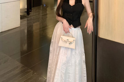 Halter-Neck Plain Button-Up Crop Top / Mid Waist Midi A-Line Lace Skirt