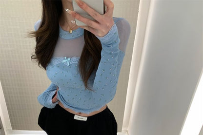 Long-Sleeve Round Neck Dotted Mesh Panel Crop Top