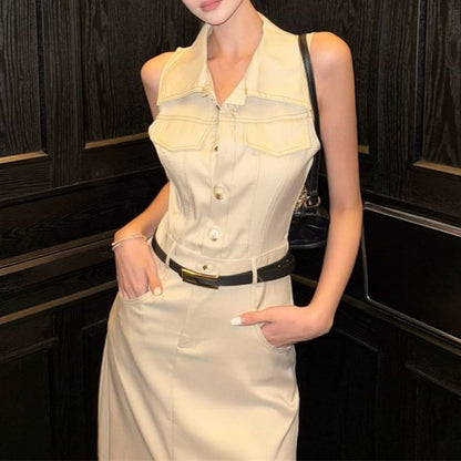 Sleeveless Collared Button-Up Slit Midi A-Line Dress