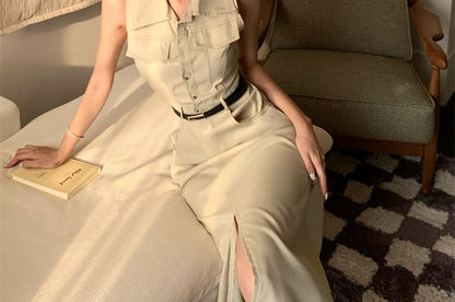 Sleeveless Collared Button-Up Slit Midi A-Line Dress