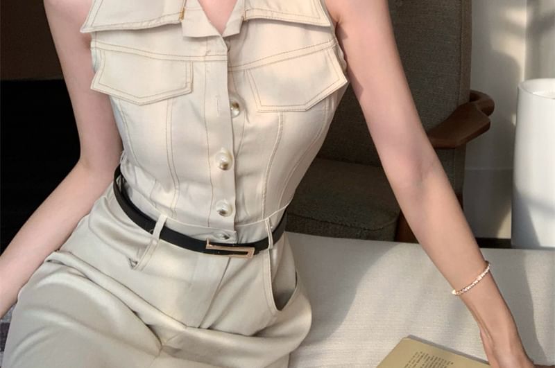 Sleeveless Collared Button-Up Slit Midi A-Line Dress