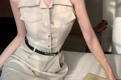 Sleeveless Collared Button-Up Slit Midi A-Line Dress