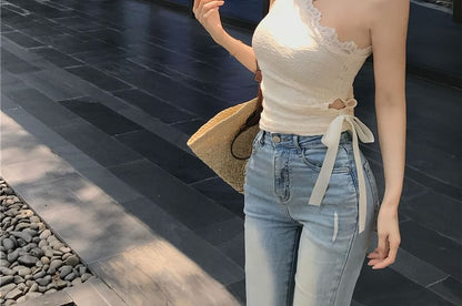 One-Shoulder Crop Lace Top