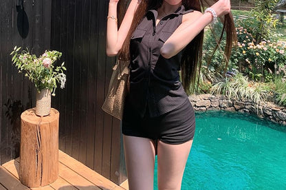 Halter-Neck Striped Shirred Button-Up Shirt