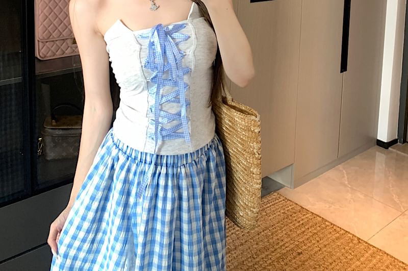 Gingham Lace-Up Tube Top
