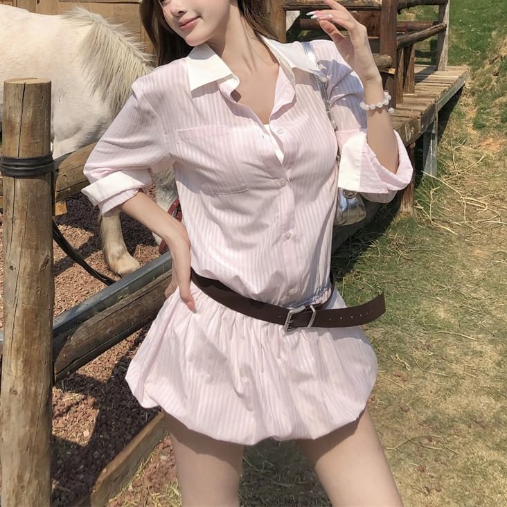Set: Long-Sleeve Striped Button-Up Mini Shirtdress + Belt