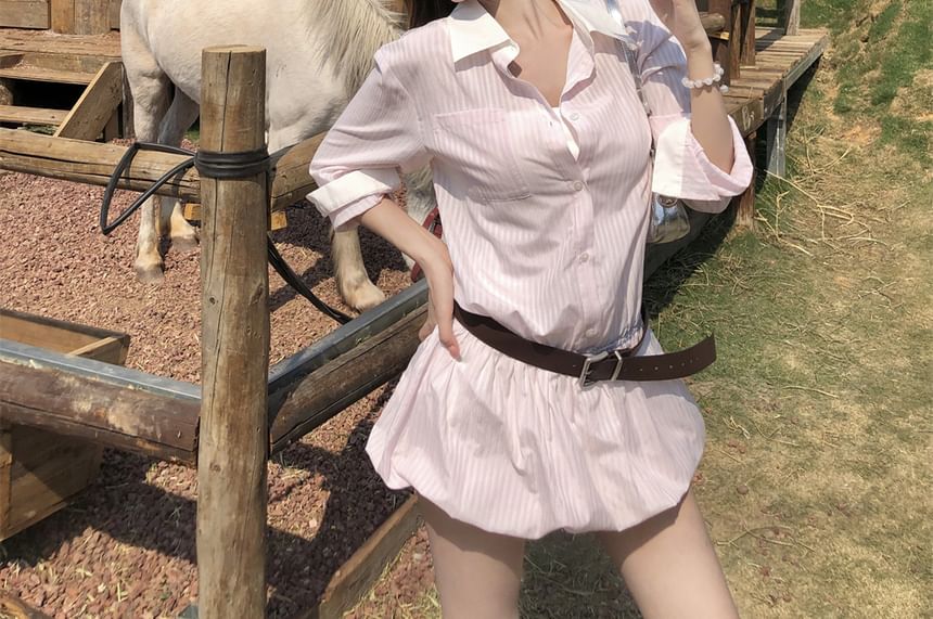 Set: Long-Sleeve Striped Button-Up Mini Shirtdress + Belt