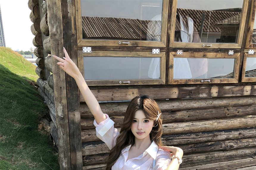 Set: Long-Sleeve Striped Button-Up Mini Shirtdress + Belt