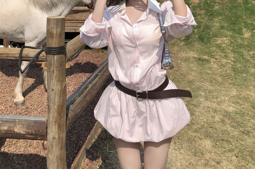 Set: Long-Sleeve Striped Button-Up Mini Shirtdress + Belt