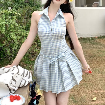 Halter-Neck Gingham Button-Up Pleated Mini A-Line Dress