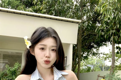 Halter-Neck Gingham Button-Up Pleated Mini A-Line Dress