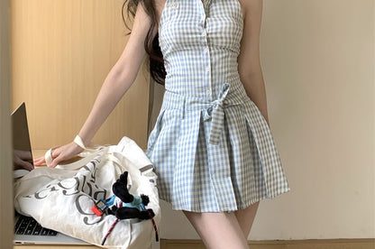 Halter-Neck Gingham Button-Up Pleated Mini A-Line Dress