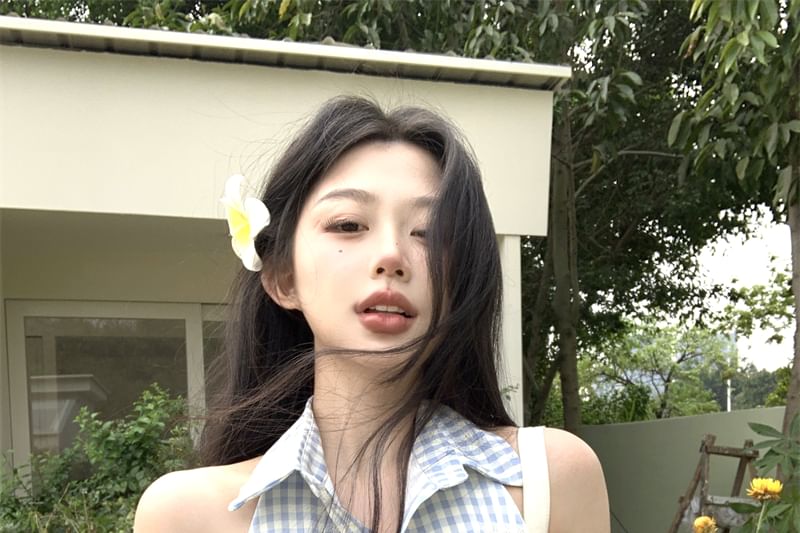 Halter-Neck Gingham Button-Up Pleated Mini A-Line Dress