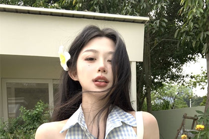 Halter-Neck Gingham Button-Up Pleated Mini A-Line Dress