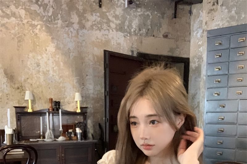 Off-Shoulder Plain Ruffled Shirred Blouse / High Rise Mini A-Line Skirt