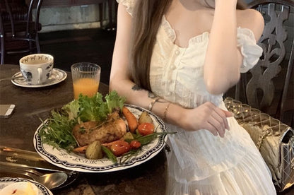 Off-Shoulder Plain Ruffled Shirred Blouse / High Rise Mini A-Line Skirt