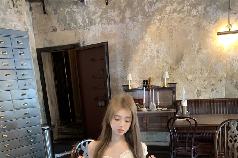 Off-Shoulder Plain Ruffled Shirred Blouse / High Rise Mini A-Line Skirt