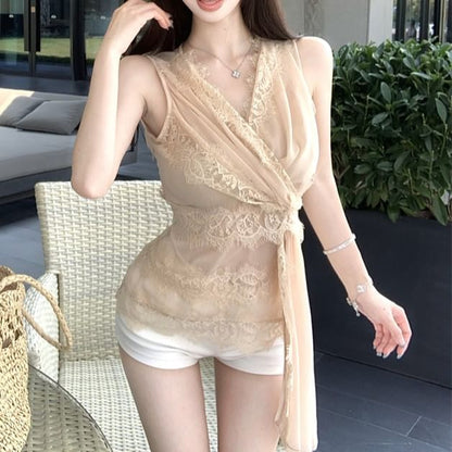 Sleeveless V-Neck Wrap Lace Top