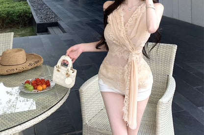 Sleeveless V-Neck Wrap Lace Top