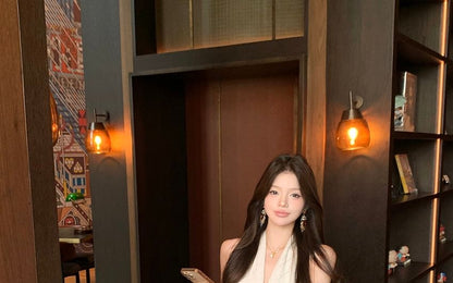 Halter-Neck Plain Midi A-Line Dress / Faux Leather Belt